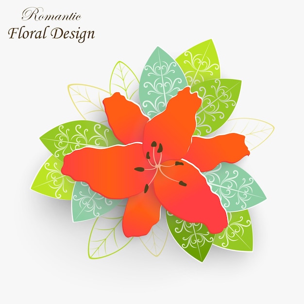 Paper flower with green leaves Colorful bright lilies are cut out of paper on a white background