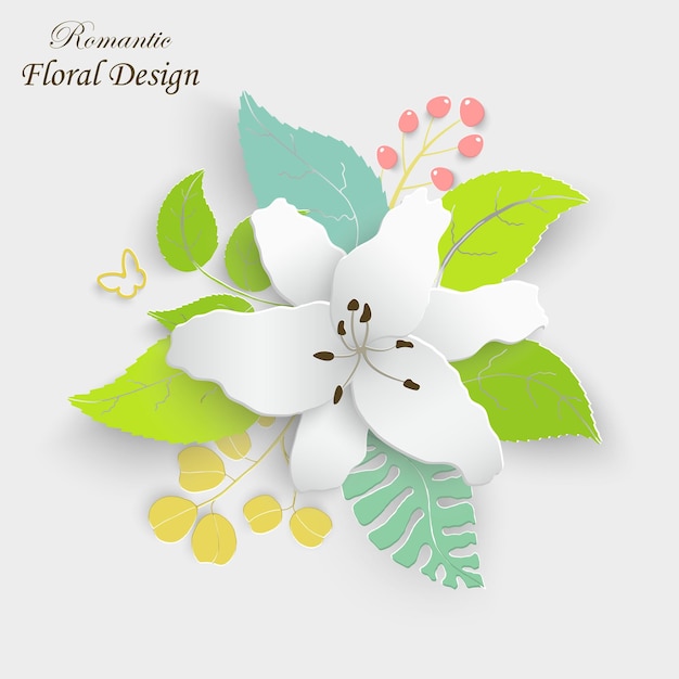 Paper flower with green leaves Colorful bright lilies are cut out of paper on a white background