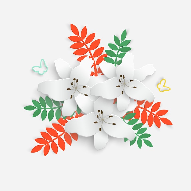 Paper flower with green leaves Colorful bright lilies are cut out of paper on a white background