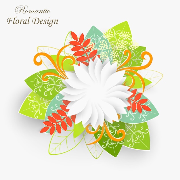 Paper flower with green leaves Colorful bright roses are cut out of paper on a white background