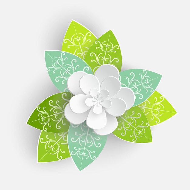 녹색 잎이 있는 종이 꽃 다채로운 밝은 장미는 흰색 배경에 종이에서 잘라냅니다.