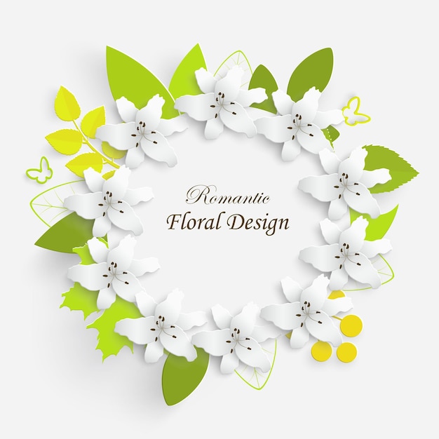 Vector paper flower with green leaves frame colorful bright lilies are cut out of paper on a white