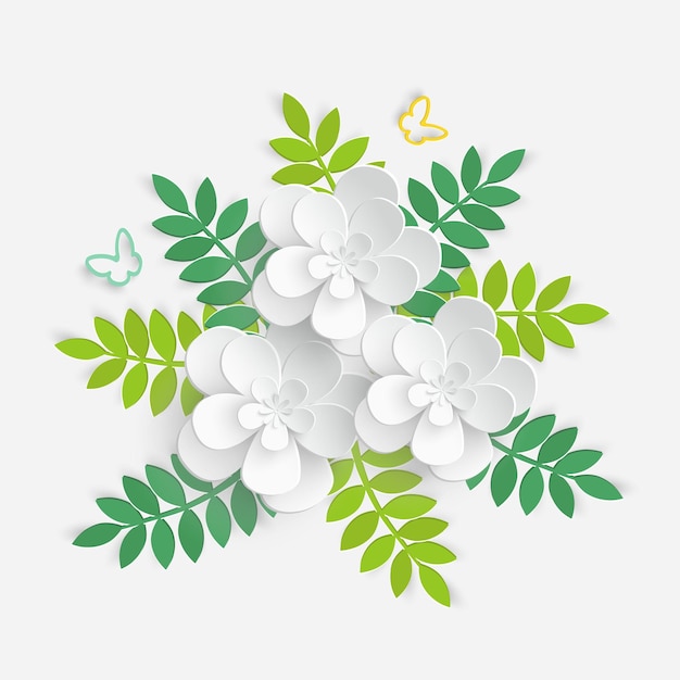 Vector paper flower with green leaves white roses lotus are cut out of paper on a white background