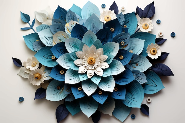 I fiori di carta sono visualizzati su sfondo biancola composizione del bouquet è decorata con fiori blu polverosi