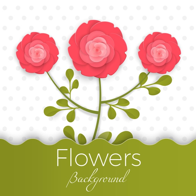 Vector paper flowers background with exotic flowers of red and green colors with leaves and small blossoms out of bouquet, plants in origami concept.