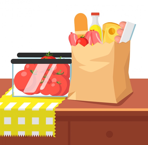 Бумажный пакет для еды и помидоры на столе