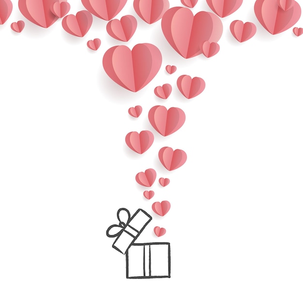 Paper hearts floating out of gift boxes, love illustration for Valentine's Day.