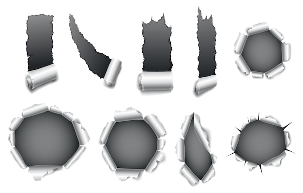 Vector paper hole collection of gray torn paper torn sides over dark paper background with space for text realistic torn paper template