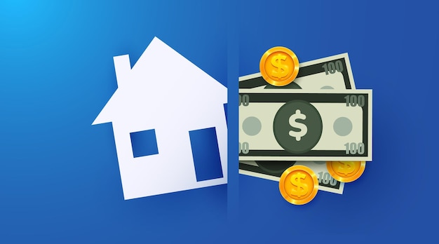 Paper house symbol and money Concept of renting or buying a real estate Vector illustration