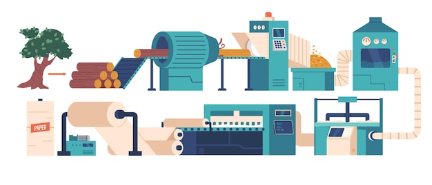 제지 산업 목재 가공 및 셀룰로오스 생산 공장 절단 목재 Debarking 로그 및 연삭 프로세스 흰색 배경 만화 벡터 일러스트 레이 션에 고립