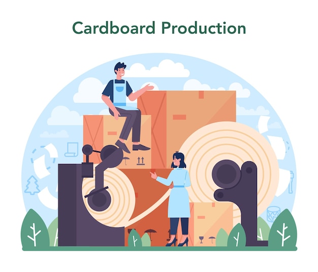 Paper industry. wood processing and paper production factory. cutting wood and making paper and cardboard process. isolated flat vector illustration