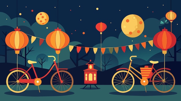 Vector paper lanterns hung up in the shape of bicycles illuminating the evening party in a whimsical glow