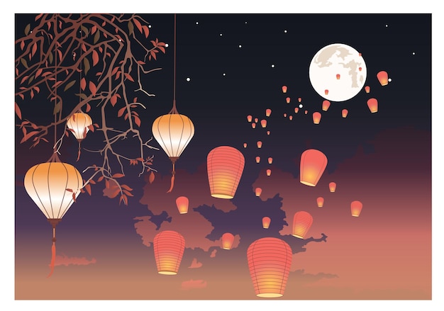 Paper lanterns with flames fly into the night sky. color vector flat cartoon illustration