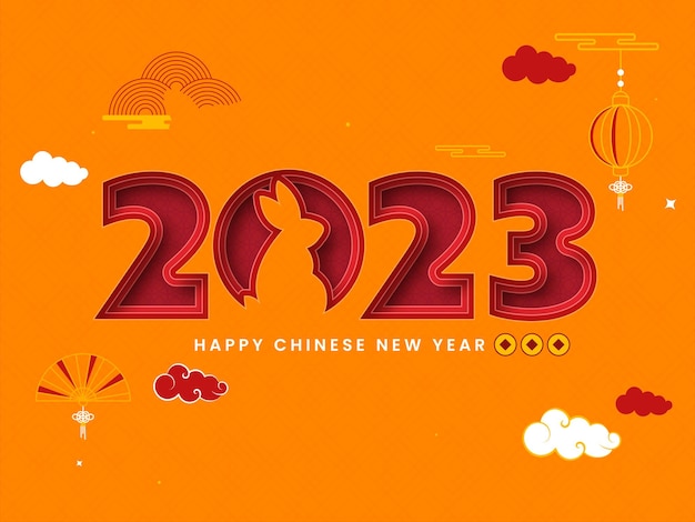 Paper Layer Cut 2023 Number With Rabbit Qing Coins Clouds On Orange Sacred Rhombus Geometric Pattern Background For Happy Chinese New Year Concept