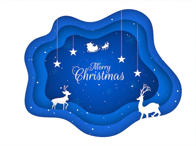 Vector paper layer cut greeting card  decorated with hanging stars, silhouette reindeer and santa riding on sleigh for merry christmas celebration .