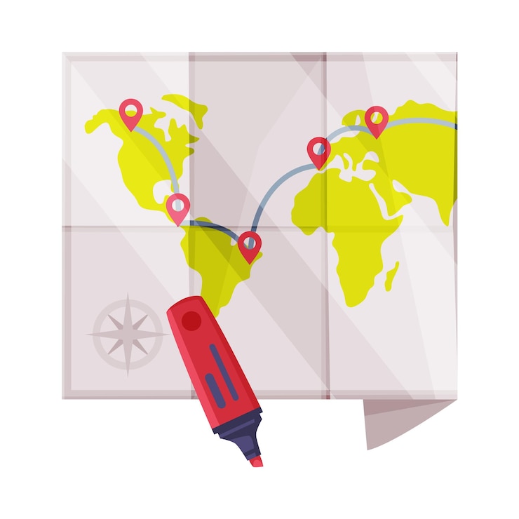 Vector paper map with highlighter and destination points as travel and tourism symbol vector illustration