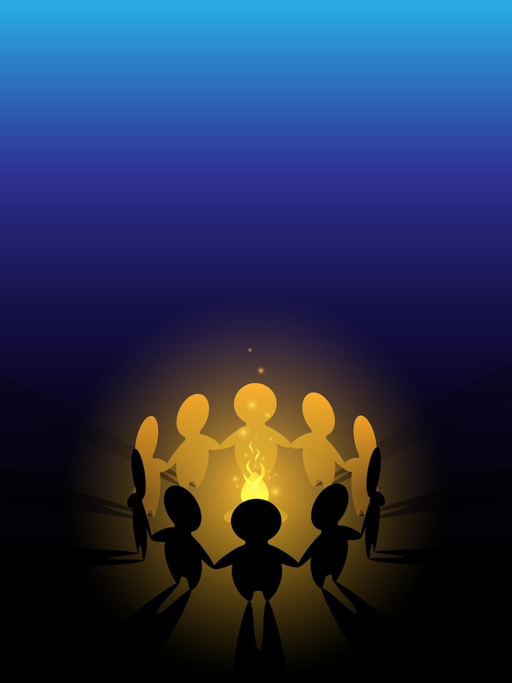 वेक्टर paper men holding hands and circling around the bonfire cartoon vector illustration
