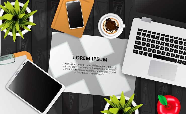 Vector paper mock up, laptop, phone, note, cup a coffee, plant top view on the wood desk with window sunlight effect