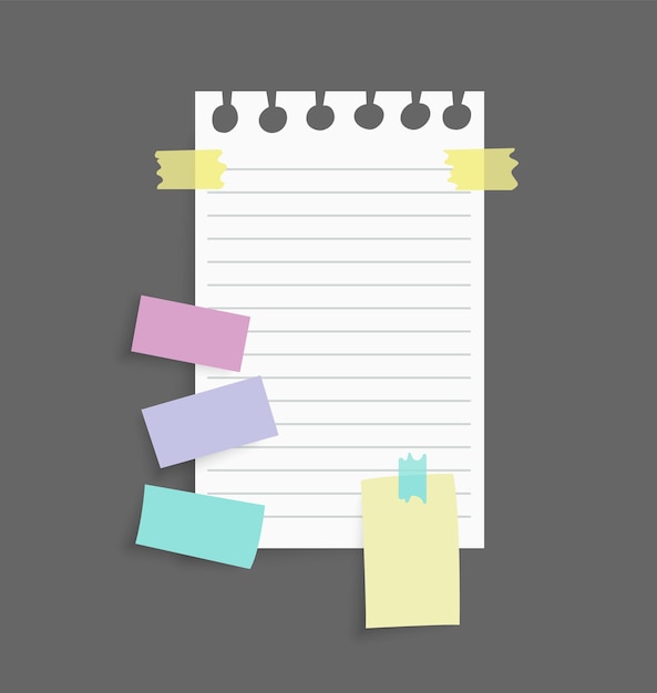 paper notes stickers attached with sticky colorful tape isolated on grey