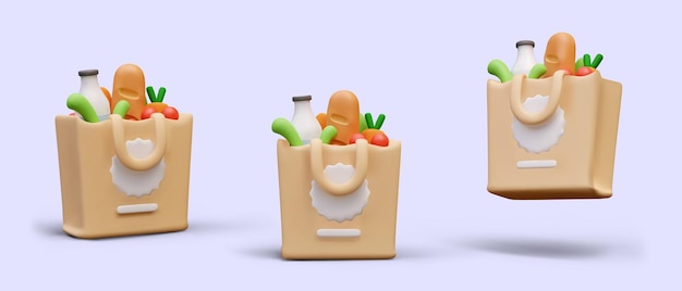 Бумажная упаковка с различными продуктами питания внутри в разных положениях