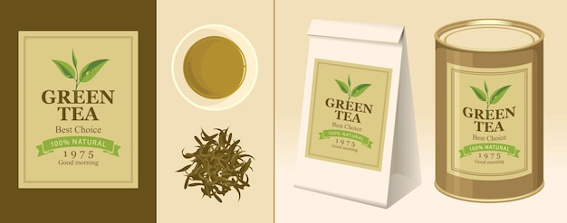 Vector paper package with label for tea and cup