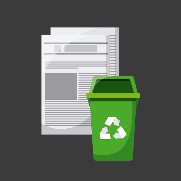 Paper pages and trash bucket with recycle sign icon