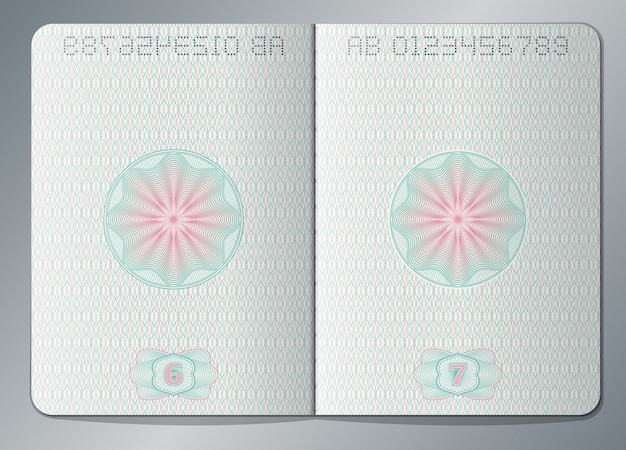 紙のパスポートは、空白のページのテンプレートを開きます。パスポートページ紙と透かしのイラスト