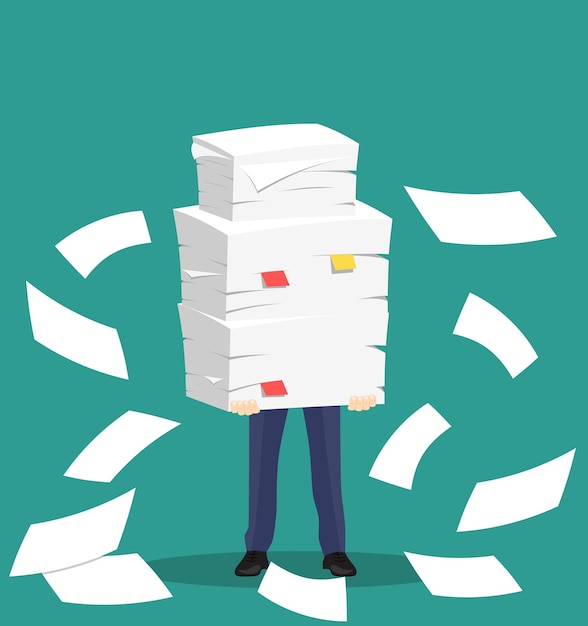 Vector paper pile with a man. vector illustration in flat style. office routine