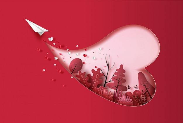 Paper plane flying in the sky with many heart floating and plants, paper art style, flat-style  illustration.