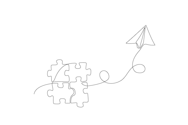 Vettore piano di carta che vola su collegato con pezzi di puzzle puzzle in stile di disegno a linea singola un disegno a linea continua per la risoluzione di problemi e soluzioni metafora di business idea concetto di pensiero vettoriale