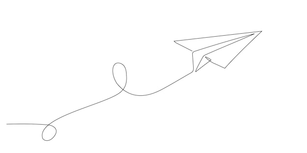 Aereo di carta che vola su disegno continuo di una linea per viaggi d'affari o illustrazione di viaggi stile artistico a linea singola aereo con percorso di linea di destinazione disegno disegnato a mano doodle tratto modificabile