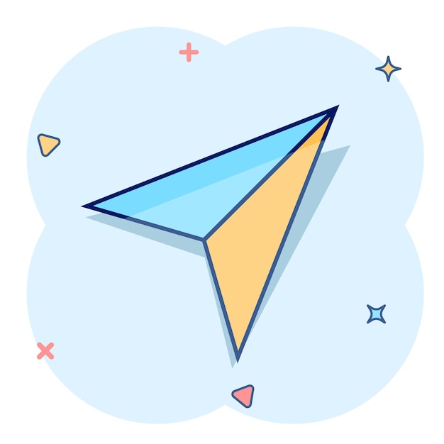 Paper plane icon in comic style Sent message cartoon vector illustration on white isolated background Air sms splash effect business concept
