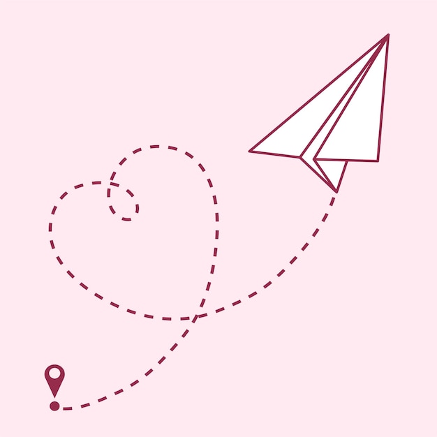 Icona di aereo di carta con tace come simbolo di cuore per l'amore design di viaggio biglietto di auguri su sfondo rosa