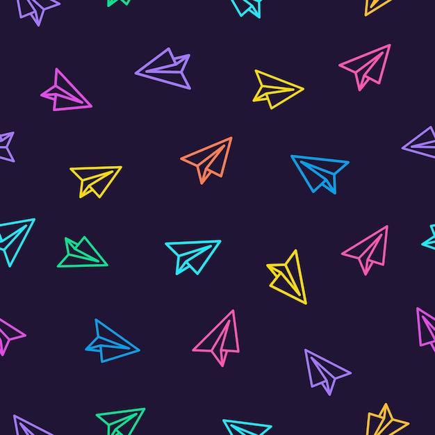 Vector paper plane pattern colorful line style on dark purple background. decoration element use for web site, textile and other. vector illustration