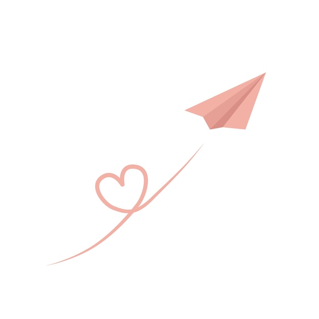 Paper plane Pink airplane left a trail in the shape of a heart Flat cartoon vector