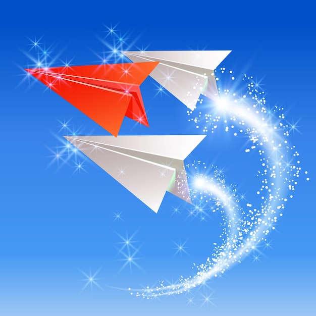 Paper planes follow their leader. Sparkle fireworks.