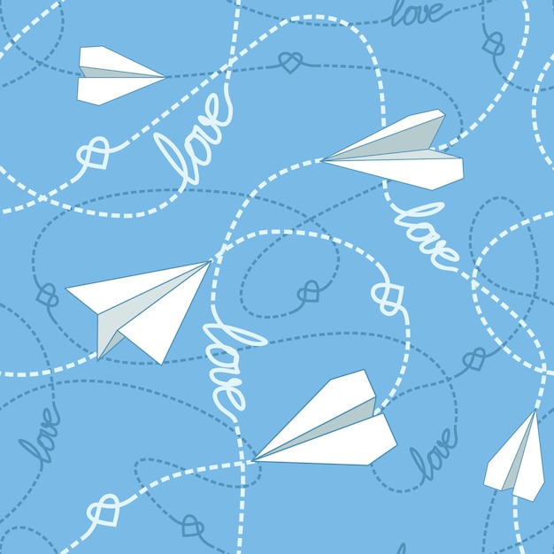 Paper planes with tangled lines seamless pattern repeating abstract background with paper planes hearts and dashed tangled lines