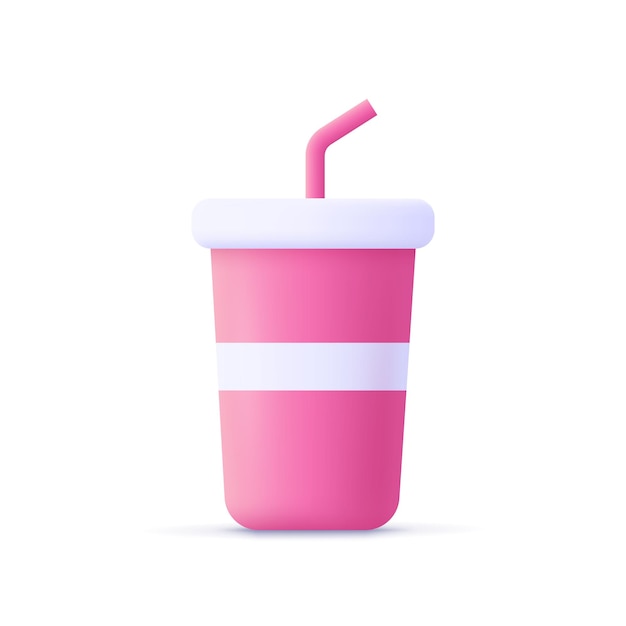 Paper plastic beverage cup with tube for soda juice coffee tea Fast food 3d vector icon Cartoon minimal style