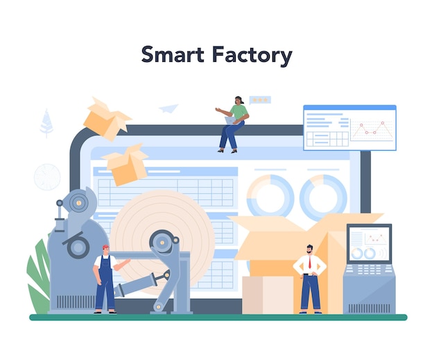 ベクトル 製紙と木材加工のオンラインサービスまたはプラットフォーム木材を切断し、紙と板紙を作るスマートファクトリー分離されたフラットベクトルイラスト