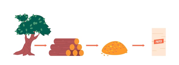 벡터 흰색 배경에 분리된 종이 생산 체계 골판지 및 종이 제조 공정 산업 단계에서 나무 절단 공장 및 종이 만화 벡터 삽화 얻기