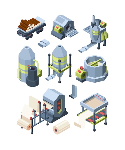 Paper production set. Industrial making paper from wood plants industrial mill pulp paper hone for print house vector isometric pictures. Equipment hardware press, manufacturing factory illustration