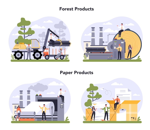 Paper production and wood industry concept set. Paper factory process. Cutting wood and making paper. Global industry classification standard. 