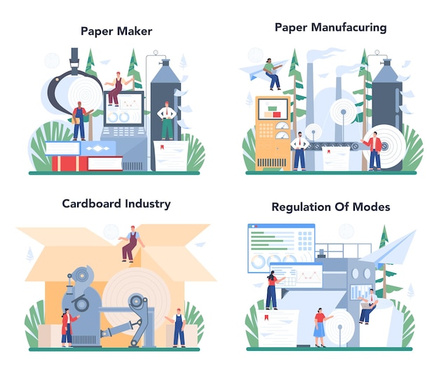 Insieme dell'illustrazione di produzione di carta e lavorazione del legno