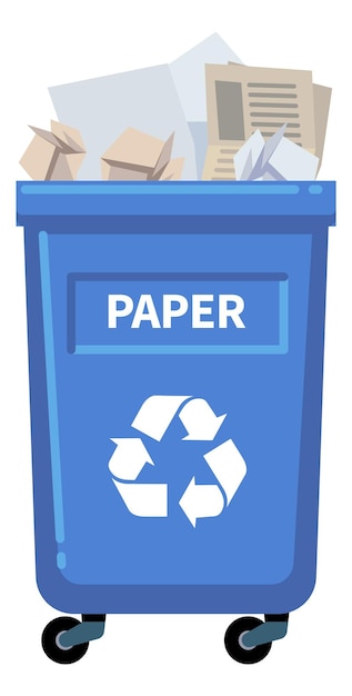 Vector paper recycling trash can blue container for waste sorting