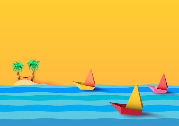 Paper sailboat floating on the sea to island summer background.