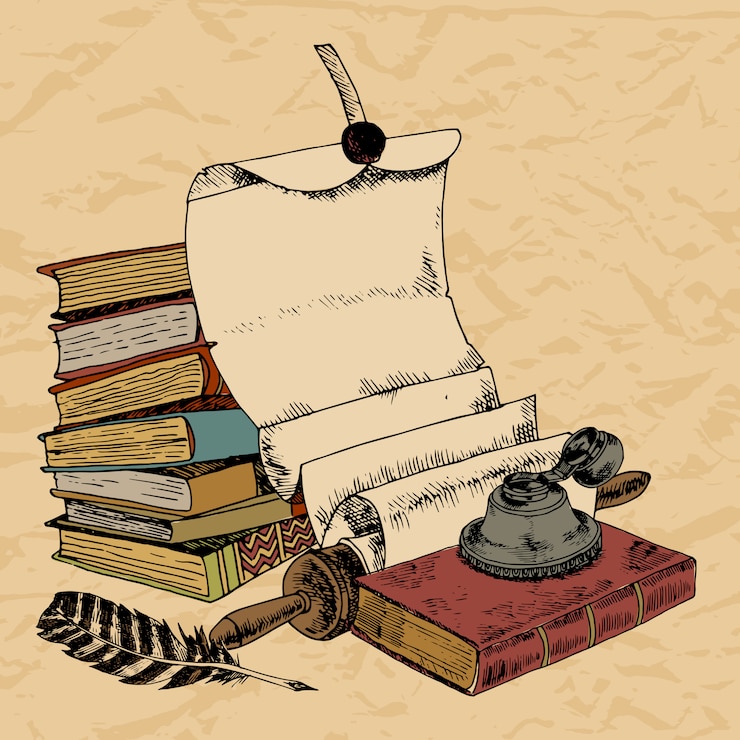Vector paper scroll feather and books