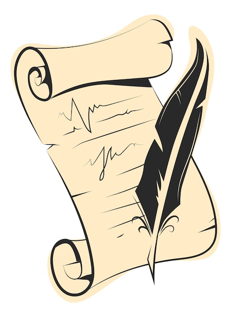 ベクトル 羽ペン付きの巻物。白い背景で隔離のヴィンテージの書き込みシンボル