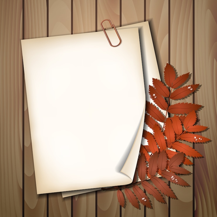 वेक्टर paper sheet with autumn leaves on wooden background texture.  