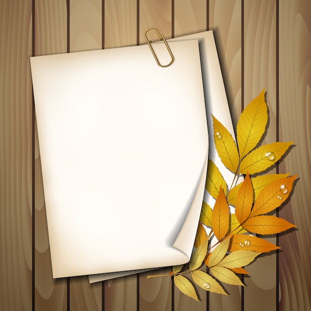 Vector paper sheet with autumn leaves on wooden background texture.