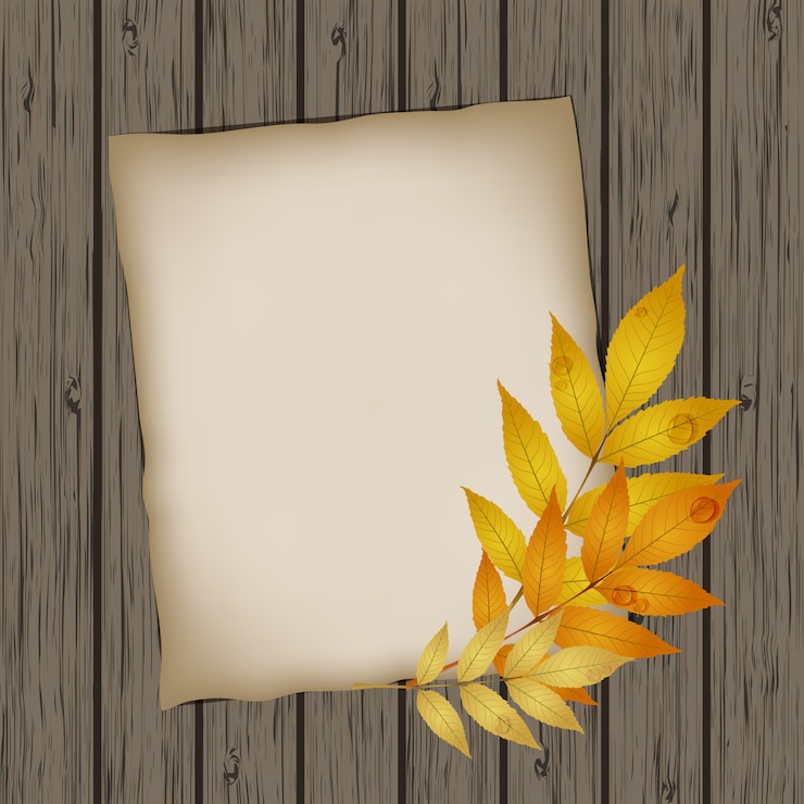 वेक्टर paper sheet with autumn leaves on wooden table texture.
